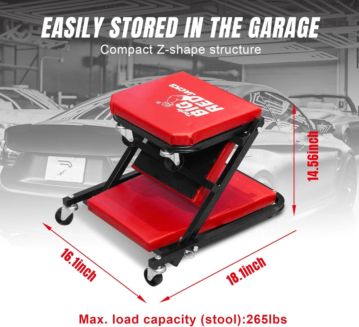 BIG RED ATR6036ZER 36" Foldable Z-Creeper Seat: 2-in-1 Garage Shop Creeper for Auto Repair with 6 Wheels, 300 Lbs. Capacity - Red