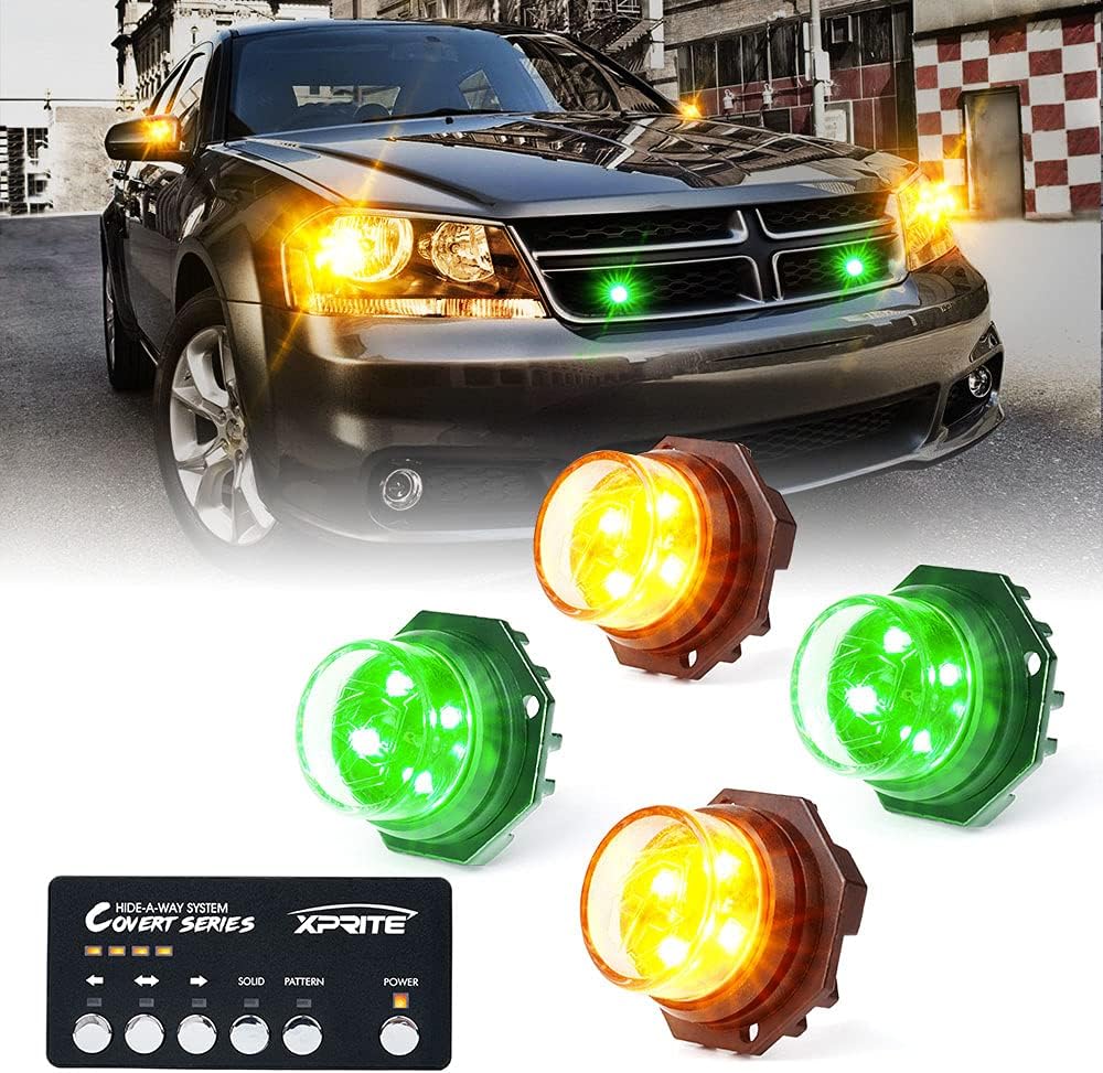 Xprite Amber Green LED Hideaway Strobe Lights Kit 20 Flashing Patterns w/Control Panel Headlights Taillights Fog Marker Light Mounting, for Roadside Emergency Vehicles Trucks SUV Vans 12V Cars 4 PCs