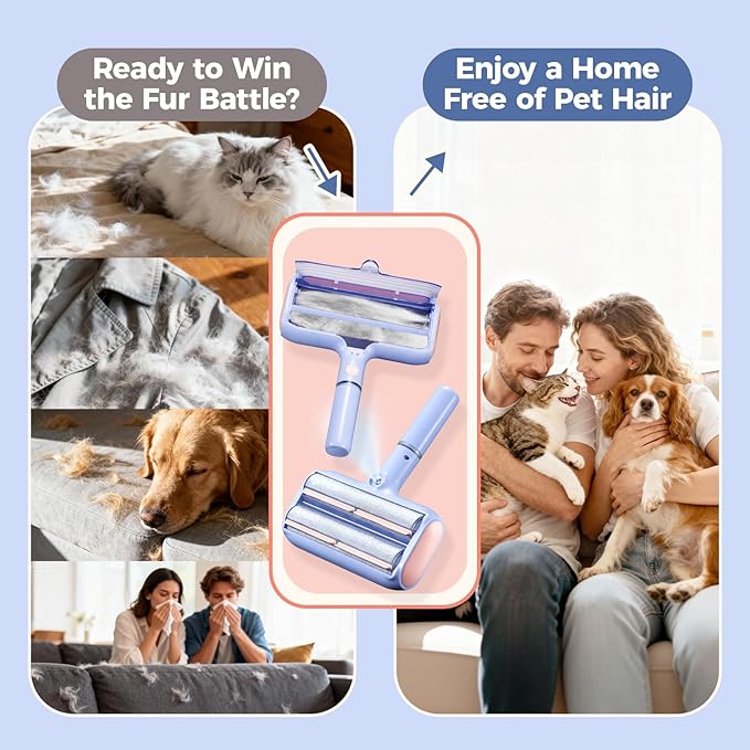 Pet Hair Remover, Pet Hair Removal Tool, Reusable Lint Roller with Double Roller,Cat and Dog Hair Remover for Furniture, Couch, Carpet, Car, Dual Trapping compartments with Spray Function