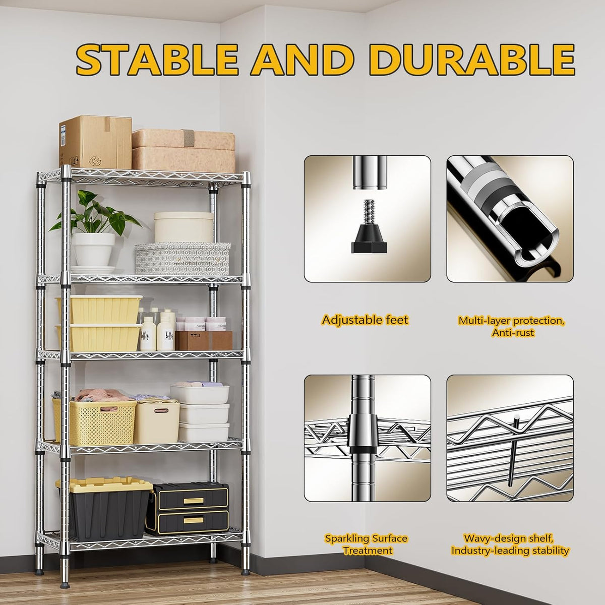 1250 lbs 5 Tier Shelf Metal Storage Shelves Shelving Wire Rack Heavy Duty Closet Organizers for Garage Kitchen Bathroom Laundry Chrome 13.8" D x 29.5" W x 59.5" H