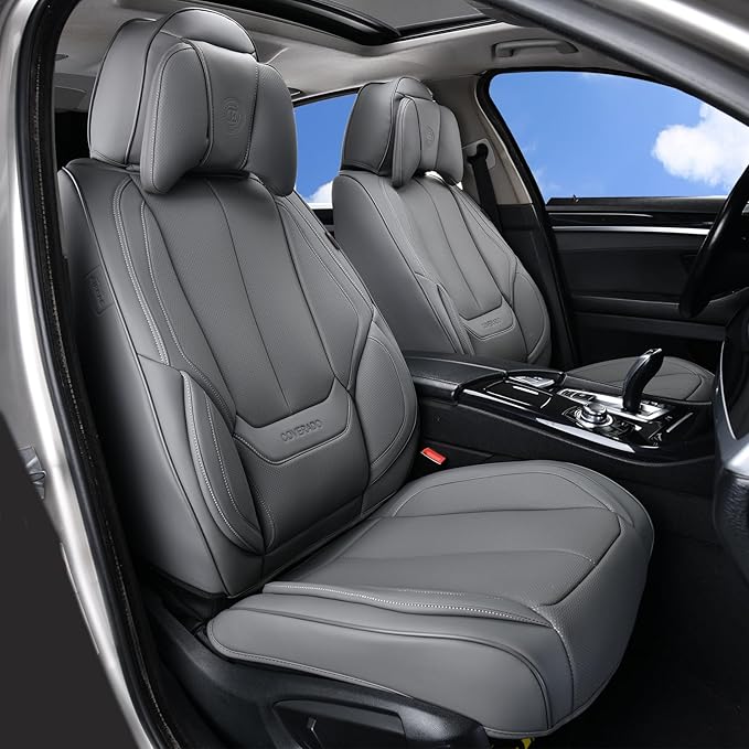 Coverado Universal Seat Covers Full Set, 5 Seats Universal Seat Covers for Cars, Waterproof Nappa Leather Car Seat Covers with Head Pillow, Auto Protectors Fit for Most Sedans SUV Pick-up Truck-Gray