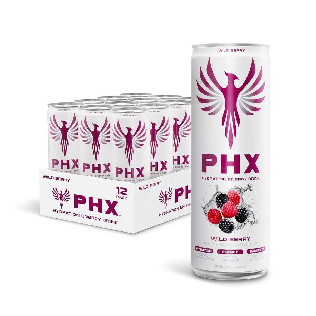 PHX Hydration Energy Drink - 700mg Electrolytes, 200mg Natural Green Tea Caffeine, 100% Daily Value 8 Essential Vitamins - 12 oz Cans (12 Pack) (12 Pack, Wild Berry)