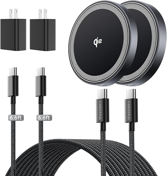 THREEKEY 2 Pack 15W Qi2 Certified Magnetic Wireless Charger 6.6ft Cable, Fast Charging Pad for iPhone 17-12&Airpods Series(20W Adapter Included)