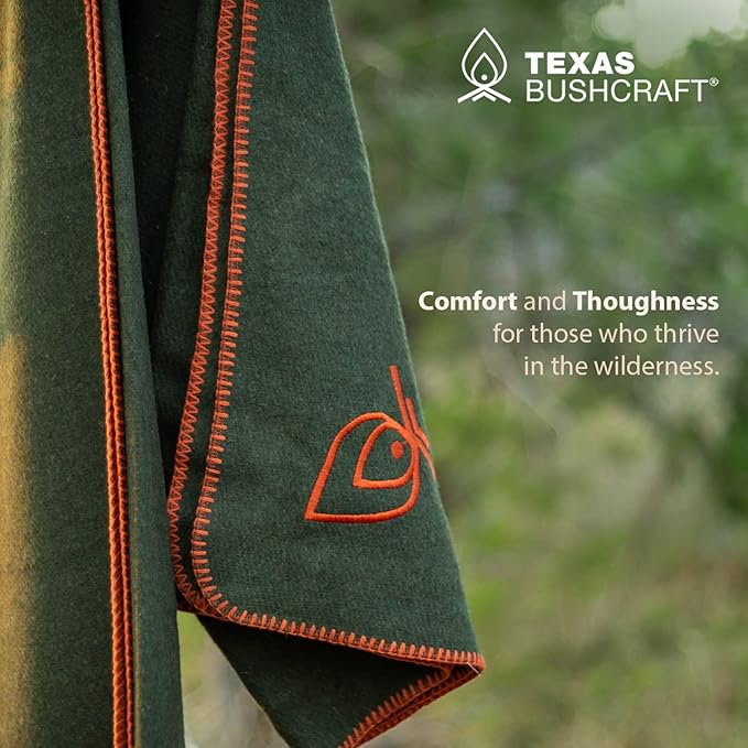 Texas Bushcraft Merino Wool Blanket for Camping Hiking and Backpacking – Water Fire Resistant Camp Car is Fast-Warming Durable with Double-Stitched Edging (66” x 90”) Burnt Orange