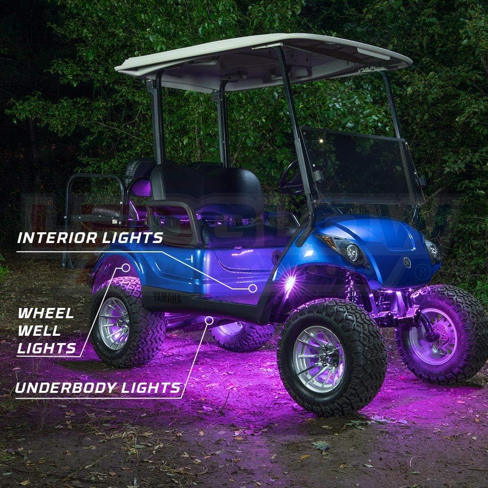 LEDGlow 12pc Million Color LED 4-Seater Golf Cart Underglow Neon Lighting Kit with Wheel Well & Interior Lights Fits EZGO, Yamaha, Club Car, ICON, Evolution, Tomblerin, Star EV - for 12-Volt Battery