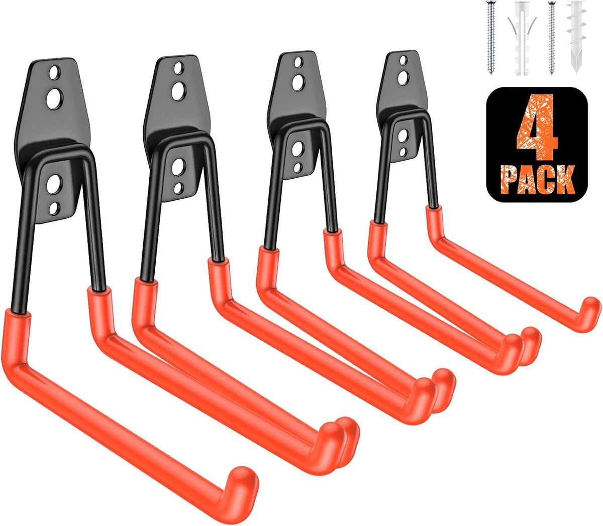 4 Pack 5.2x5.1 inch U Heavy Duty Garage Hooks,Solid Steel Wall Mount Hangers,with Anti-Slip Coating,for Hanging and Organising Ladder,Bike,Ropes,Broom,Garden,Yard and Power Tools