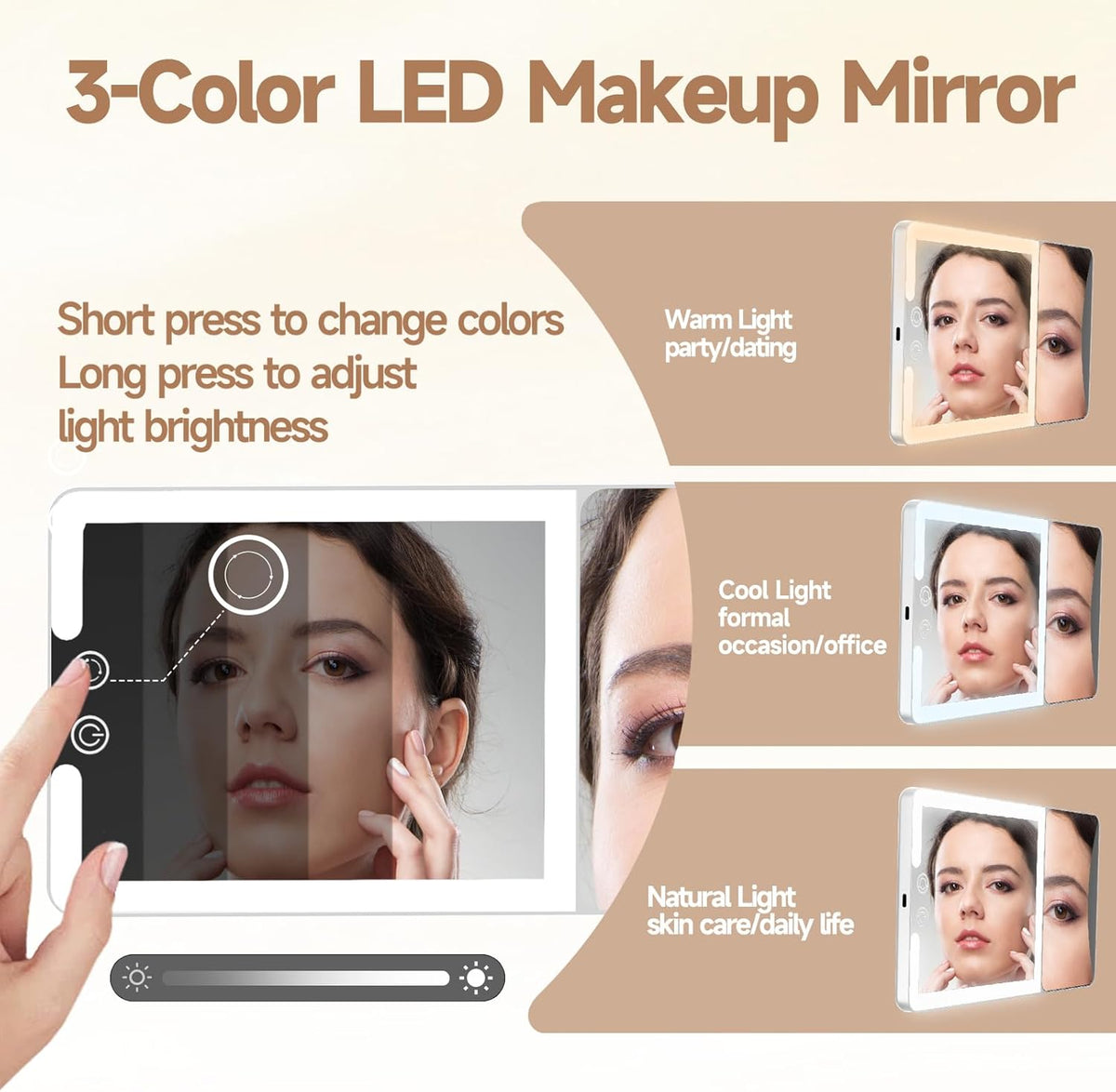 Car Sun Visor Vanity Mirror with Lights,Side with 6 inch 20X Magnifying Mirror,Rechargeable Car Makeup Mirror with 3 Light Modes,Dimmable Touch Led Screen,White