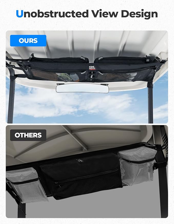 KEMIMOTO Upgraded Golf Cart Overhead Storage Bag, Ceiling Storage with Dual Mesh Pockets Compatible with Club Car Precedent,Tempo, and Onward, 1680D Overhead Organizer, Black