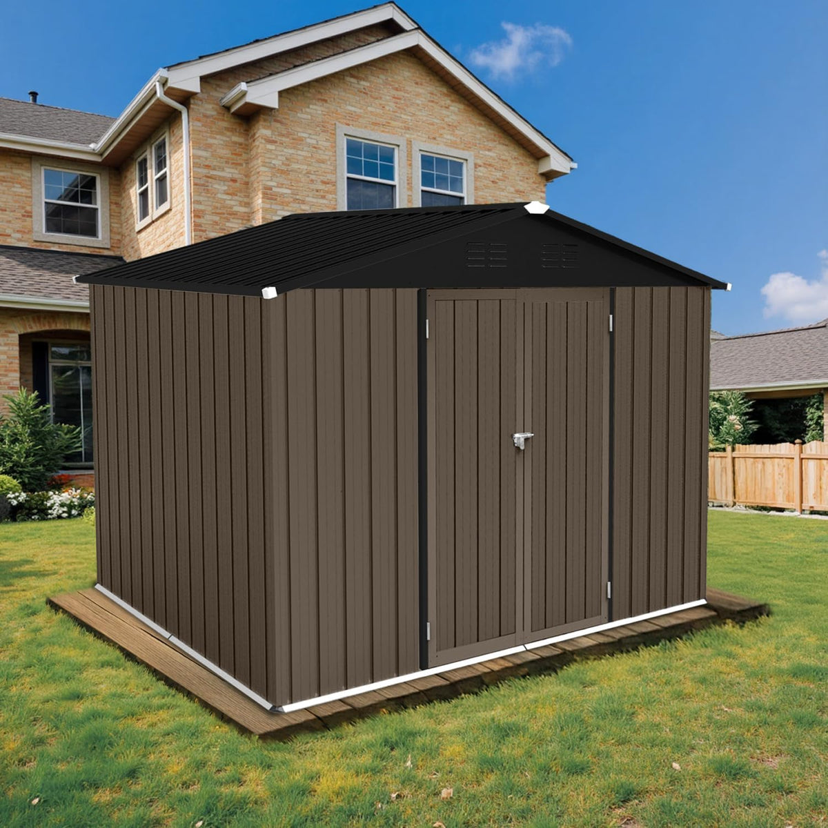 8 x 6 FT Outdoor Storage Metal Shed, Bike Garden Tool Shed with Slooping Roof, Lockable Doors and Aluminum Frames, Shed Easy to Assemble for Garden, Patio, Lawn, Brown