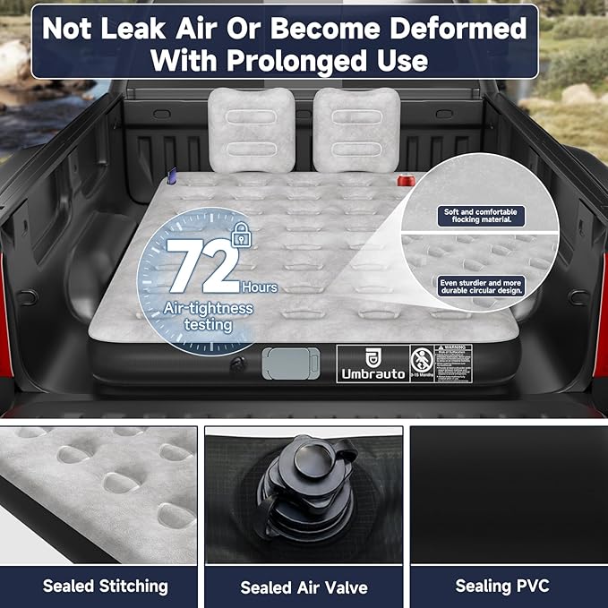 Umbrauto Air Mattress for 5.5-6.5 ft Short Bed Full-Size Trucks, Pickup Truck Airbed Mattress with Wireless Rechargeable Pump for Outdoor Travel