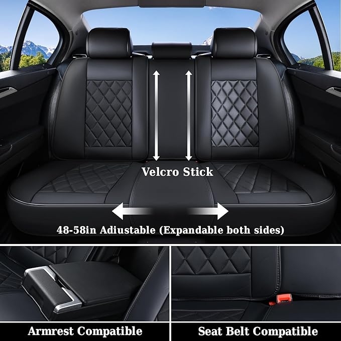 Coverado Car Seat Covers Full Set, Front and Back Seat Covers for Cars, Luxury Faux Leather Waterproof Seat Covers, Black Car Seat Covers, Car Seat Protector Accessories Universal Fit Most Vehicles