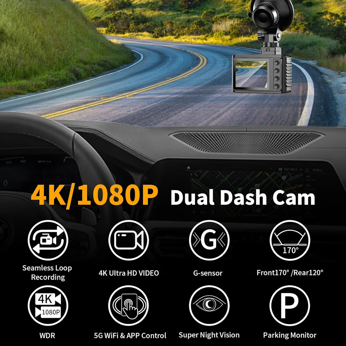 Dash Cam Front and Rear: 4K Dual Channel Dash Cam - 5GHz WiFi, Dash Camera for Cars with 64GB Card, 2.0" IPS Screen, App Control, G-Sensor, Loop Recording, 170° Wide Angle, Night Vision, Parking Mode