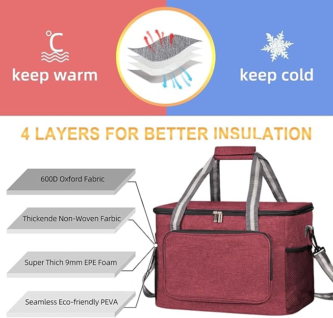 iknoe Large Cooler Bag Collapsible, 24L Insulated Bags, Leakproof Lunch Cooler Tote with Multi-Pockets for Adult Insulated Thermal Bag for Beach, Picnic, Office Work, Claret 36-Can