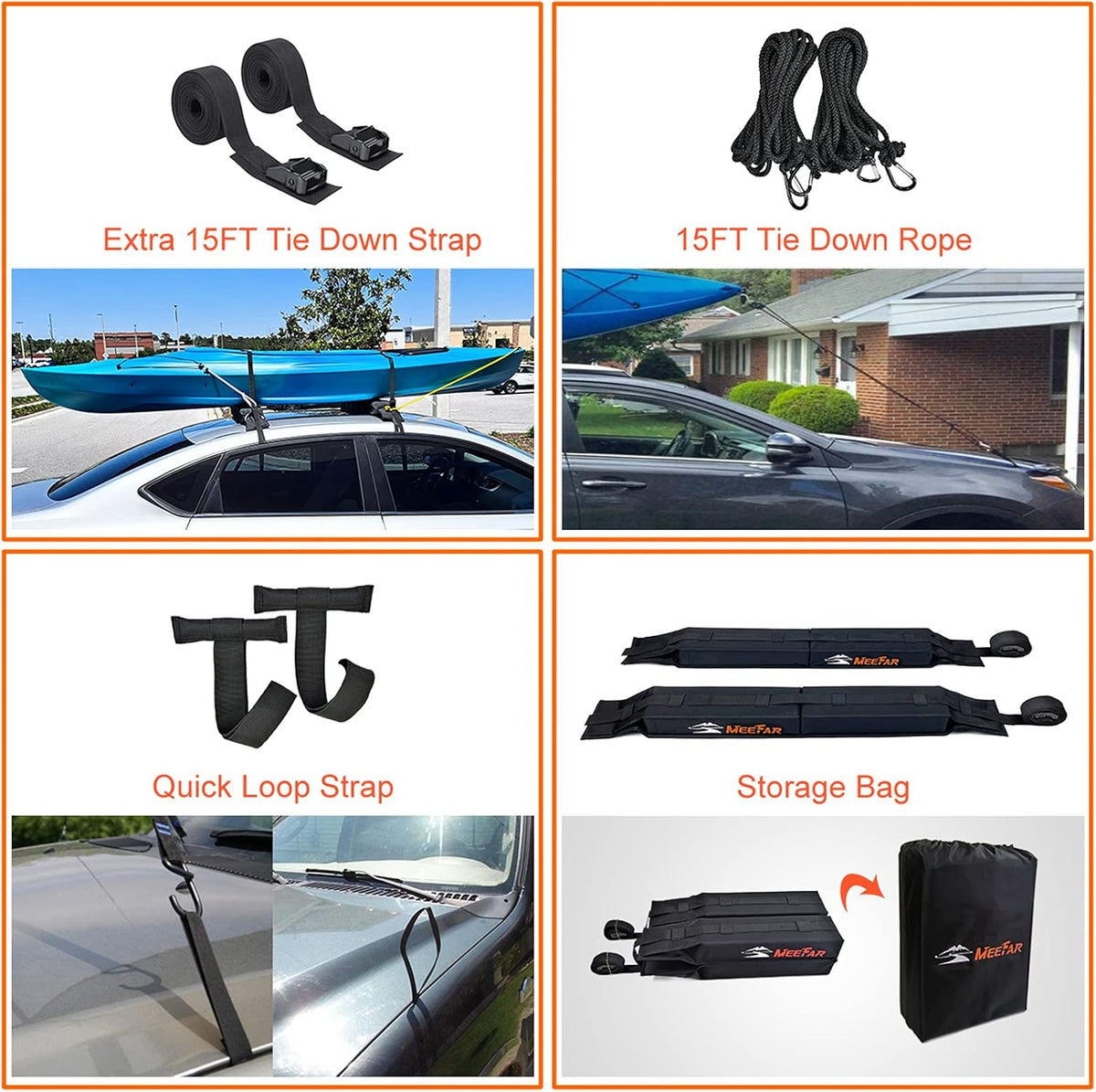 MeeFar Universal Car Soft Roof Rack Pads Luggage Carrier System for Kayak Surfboard SUP Canoe Include 2 Heavy Duty Tie Down Straps, 4 Tie Down Rope, 4 Quick Loop Strap and Storage Bag