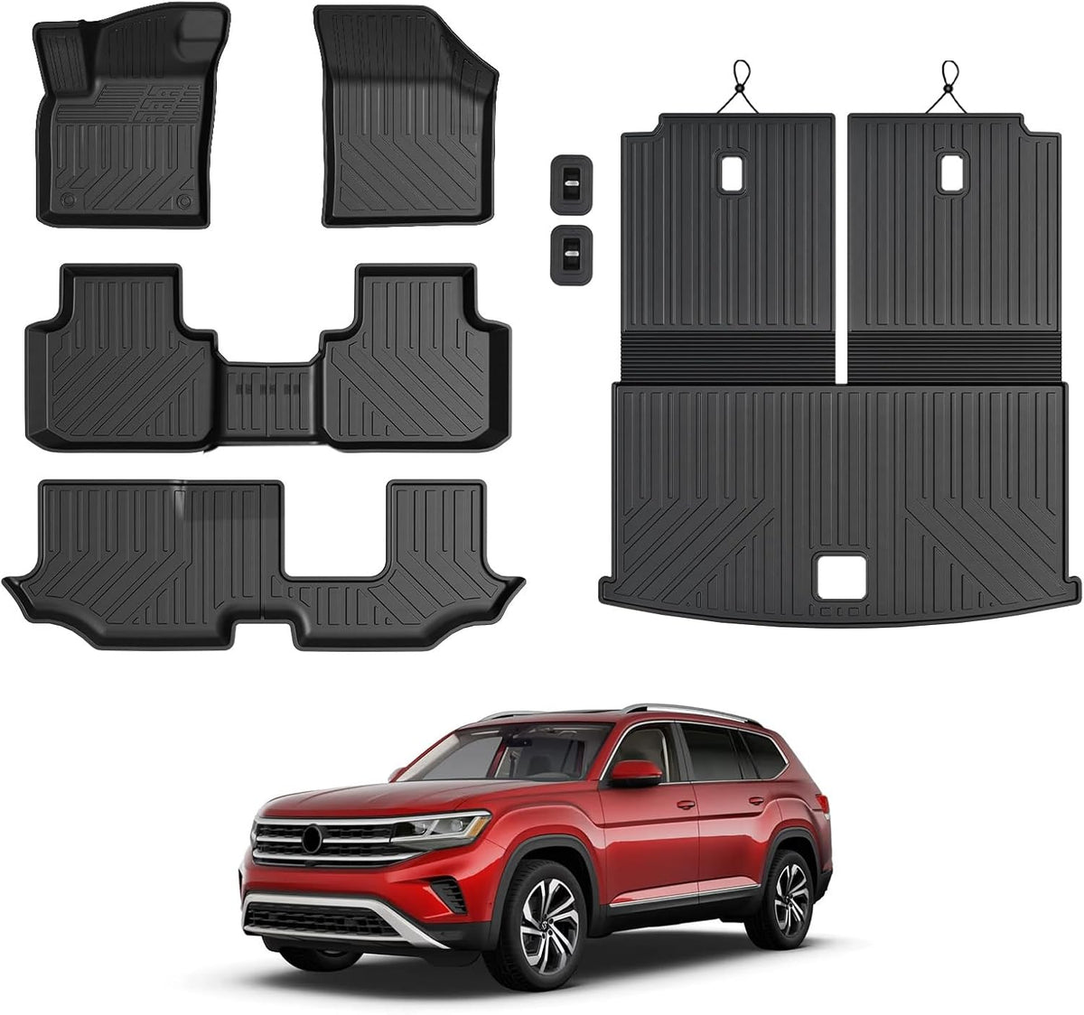 Floor Mats for 2018-2024 2025 Volkswagen VW Atlas 7 Seats(Not for Cross Sport), All Weather TPE Trunk Mat Cargo Liner with Backrest Mat for Atlas Accessories