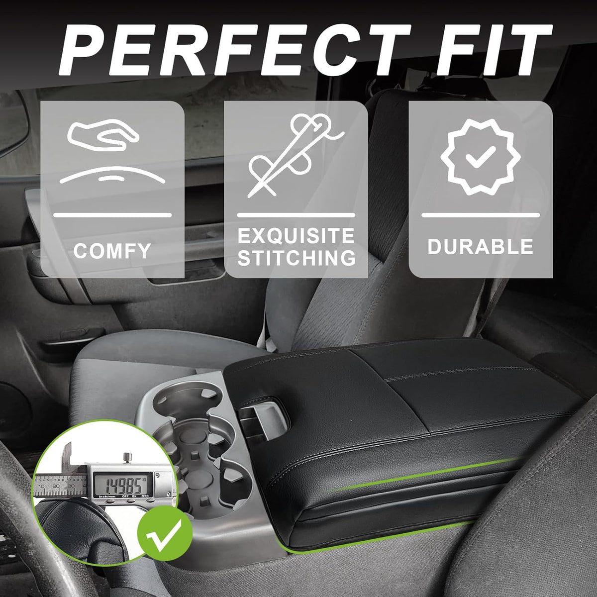 Muslogy Center Console Armrest Cover Compatible with Chevy Silverado/Tahoe & GMC Sierra/Yukon 2007-2013 Comfort Armrest Pad Arm Rest Cushion Vegan Leather Protector 1-Inch Extra Thick(Jump Seat ONLY)