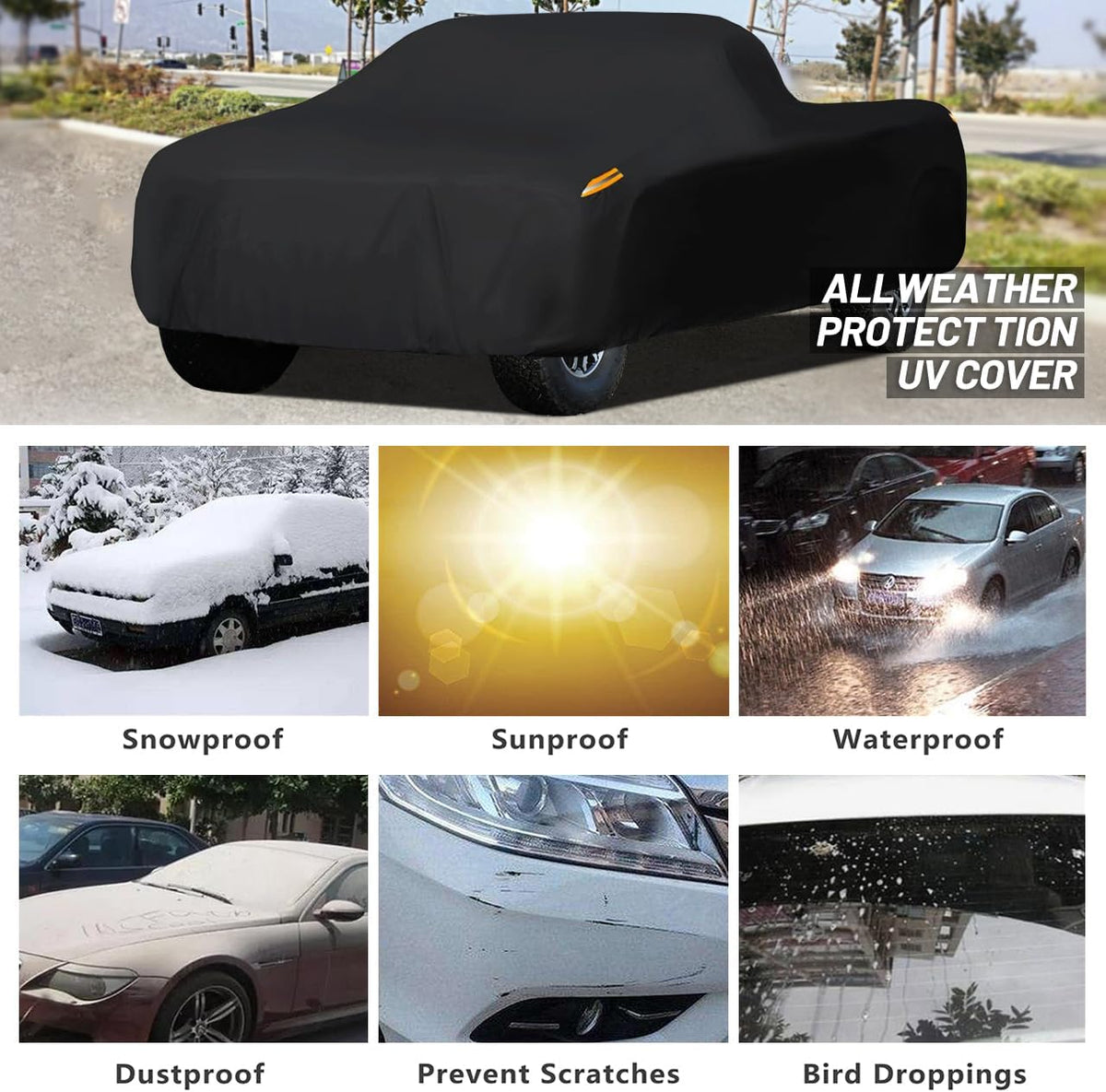 MORNYRAY Waterproof Car Cover All Weather Snowproof UV Protection Windproof Outdoor Full Truck Cover, Universal Fit for (All Black, Fit Truck Length Up to 210 inch)