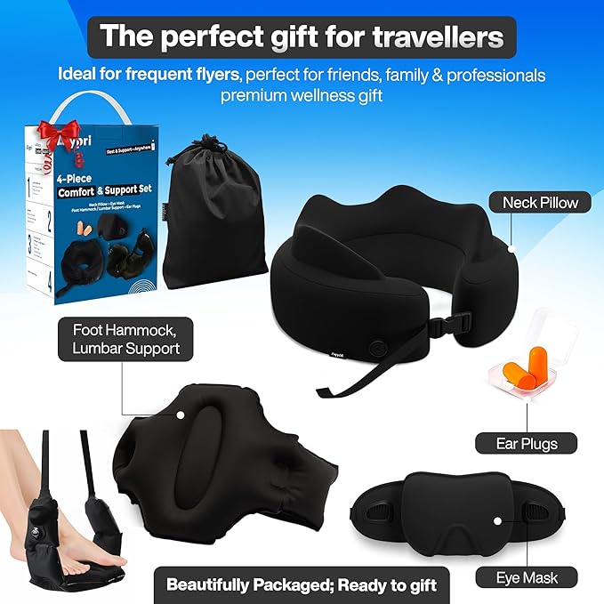 4-in-1 Travel Set – Inflatable Neck Pillow, Convertible Lumbar Support & Foot Hammock, 3D Sleep Mask & Ear Plugs – Complete Comfort Kit for Airplane, Office & Car – Gift-Ready (Black)