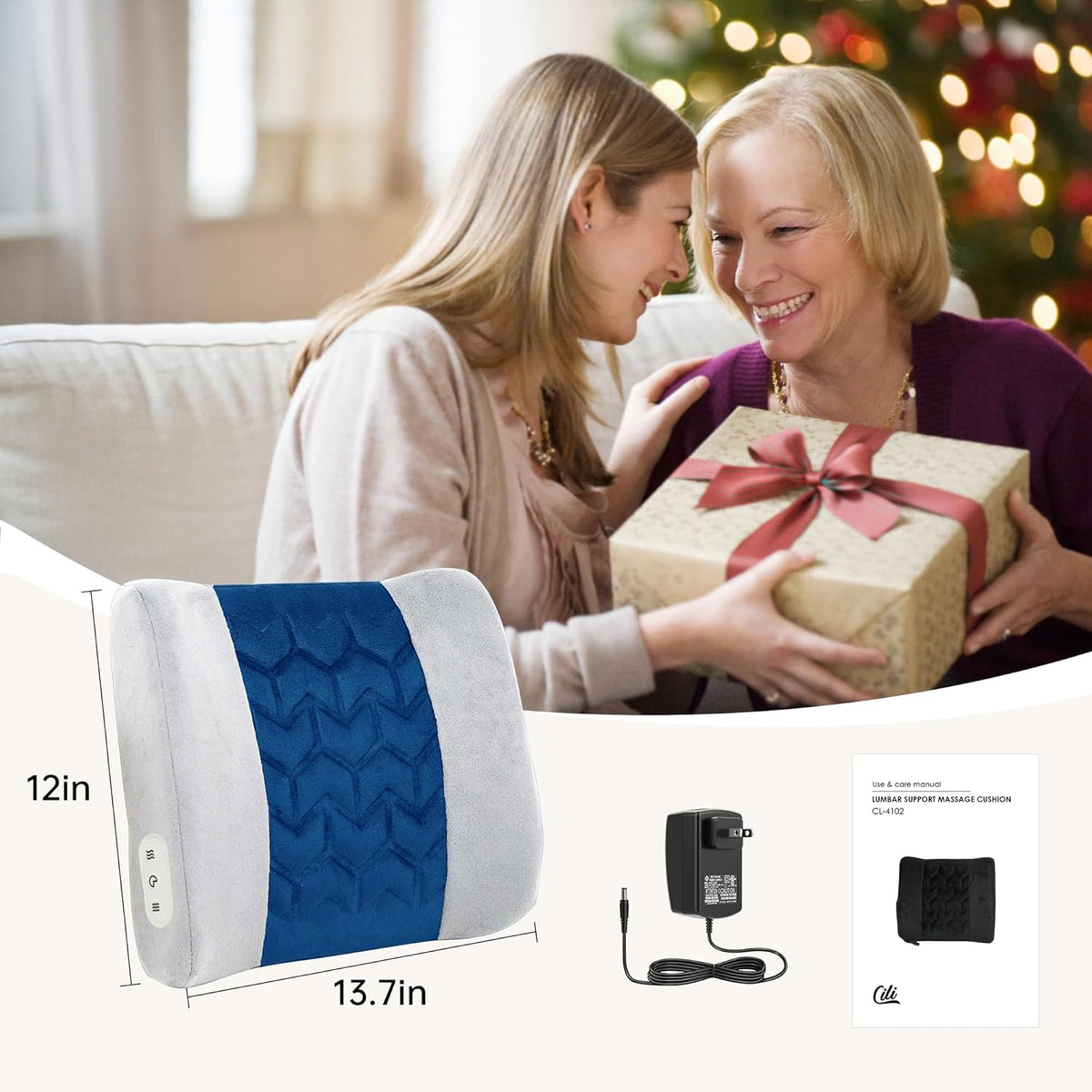 CILI Lumbar Support Pillow for Office Chair, Heated Back Support with Vibration, Back Massager for Chair, Rest Cushion Pillow for Desk Chair Sofa, Gifts for Mom Dad Women Men(Blue)