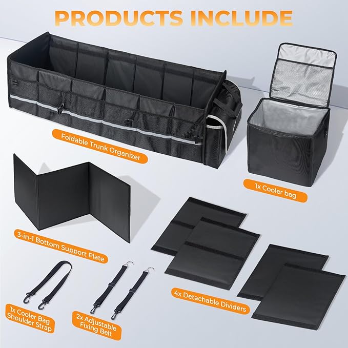 HIRALIY 4 in 1 Car Trunk Storage Organizer with Leakproof Cooler Bag, Made of 1680D Oxford and PP board, Multi-Compartment Foldable Trunk Storage Box for Car Truck SUV