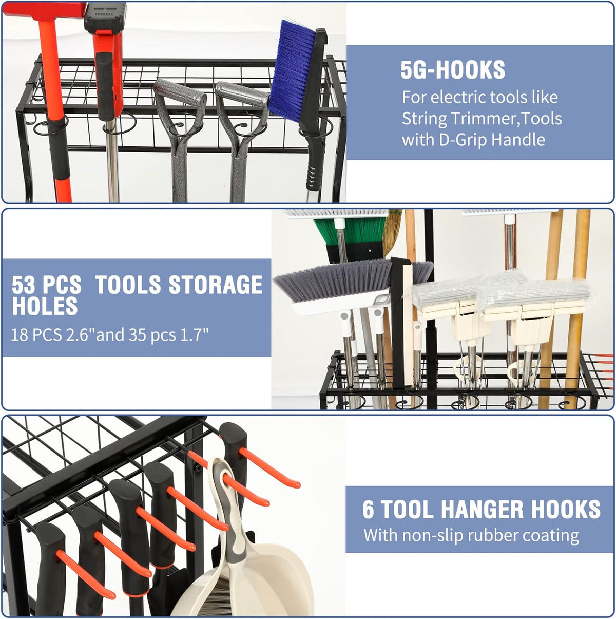 Garden Tool Organizer for Garage, Garden Tool Rack, Up to 58 Long Handled Tools, Yard Tool Holder for Garage, Shed, Outdoor, Tool Stand, Black (Garden Tool Rack)