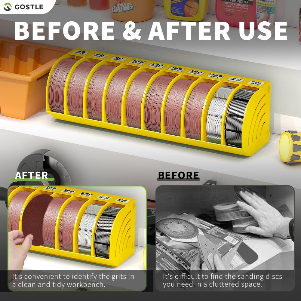 5 Inch Professional Sanding Discs Storage Bins - 8 Bins Set for Efficient Organization, Offset Snap-On Connection, Grit Classification, Space-Saving Design and Versatile Application, Yellow