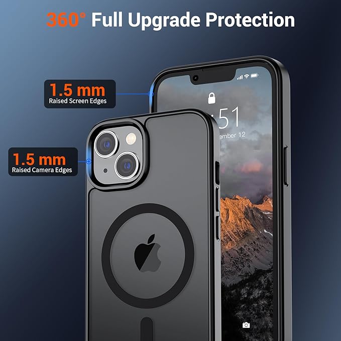 SUPFINE Magnetic for iPhone 15 Plus Case & iPhone 14 Plus Case(Compatible with MagSafe)(Military Grade Drop Protection) Translucent Shockproof Phone Cover,Black