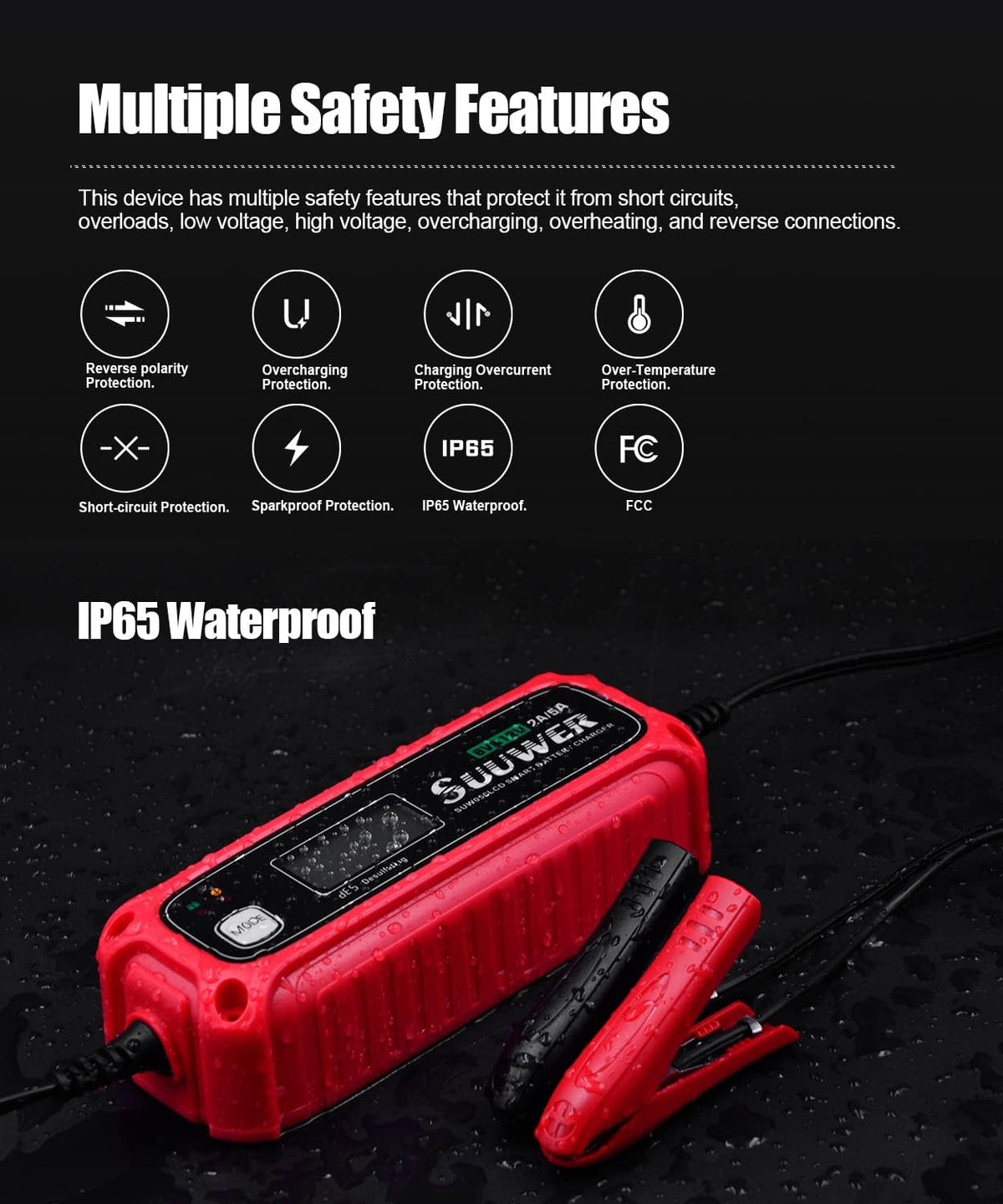 5-Amp High-Efficiency 6V&12V Smart Car Battery Charger, Battery Maintainer, Trickle Charger, Float Charger and Desulfator for Car, Motorcycle, ATV, Lithium (LiFePO4) and Deep Cycle Batteries