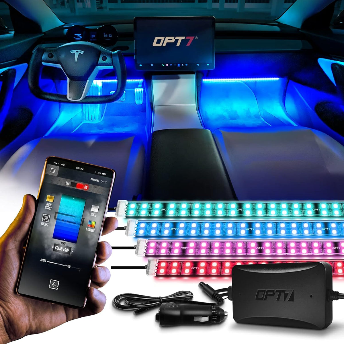 OPT7 Aura Pro 4PC Double LED Interior Car Strip Lights with APP & Remote Control, Multicolor Mode, Sound Active Neon Accent Lighting Kit, Footwell Floor Inside Decor Accessories, 12V Charger Adapter