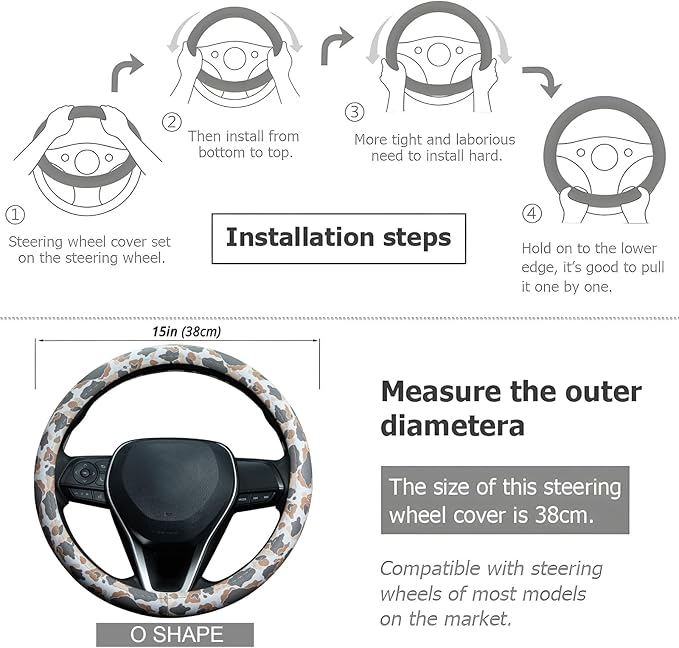 Tan Duck Camo Steering Wheel Cover Auto Leather Steering Wheel Protector, Anti-Slip, Breathable, Absorbing Sweat, Universal Camo Car Accessories 14.5–15 inch,Fit for Most Car, Trucks, SUV