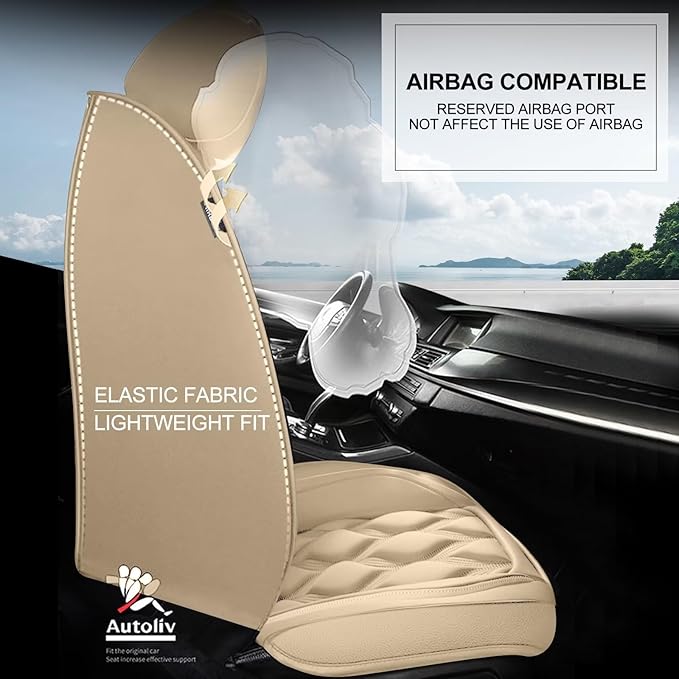 AOMSAZTO Car Seat Cover 2 Front Seat Fit for Ford Fusion 2010-2020 Leather Car Seat Cushion Protector Compatible Airbag Waterproof Automotive Seat Covers Beige