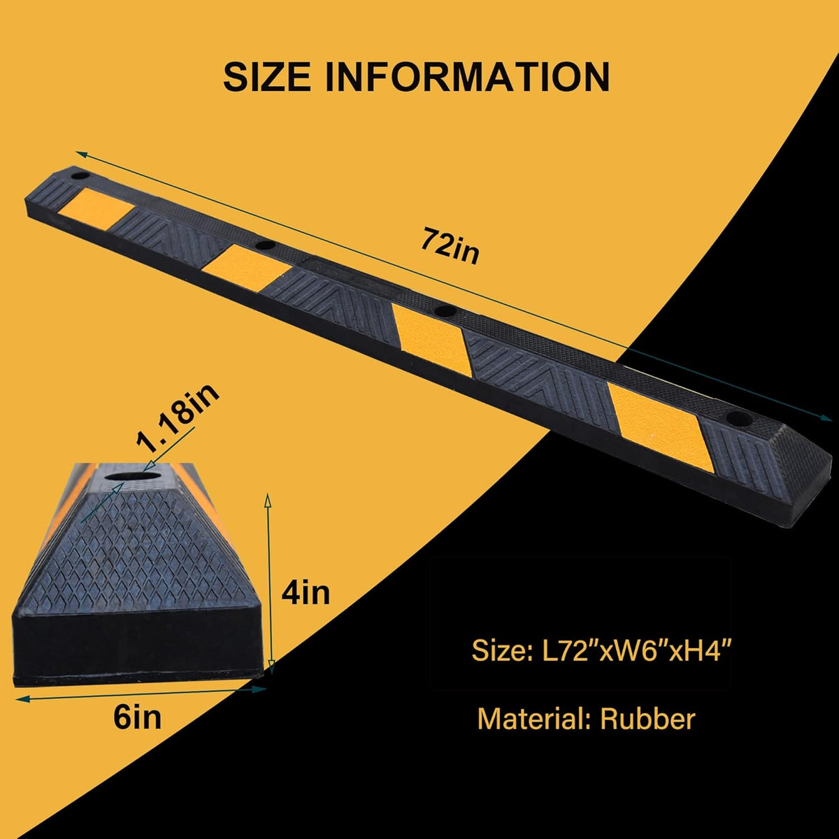 OrangeStar 72" Rubber Parking Curb, Heavy Duty Garage Floor Wheel Stopper w/Yellow Reflective Stripe for Car, Truck, Trailer, 2 Pack