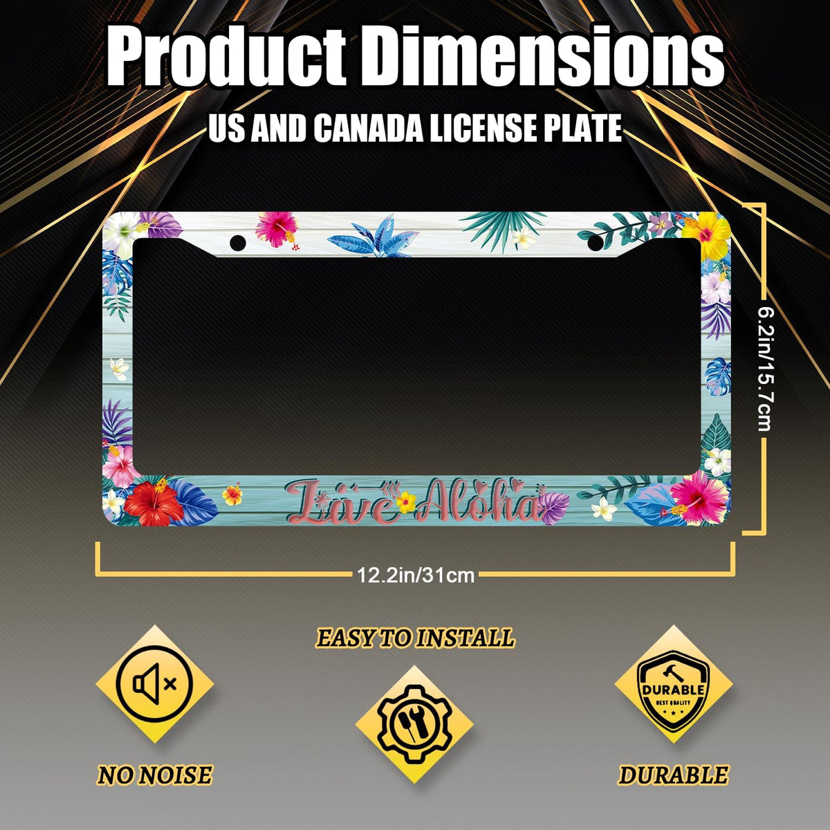 Aloha License Plate Frame Colorful Hibiscus Flowers License Plate Stainless Steel Funny Hawaii Accessories Cars Decor 12.2 X 6.2 Inch with 2 Holes and Screws Fits Standard Us Ca Vehicles