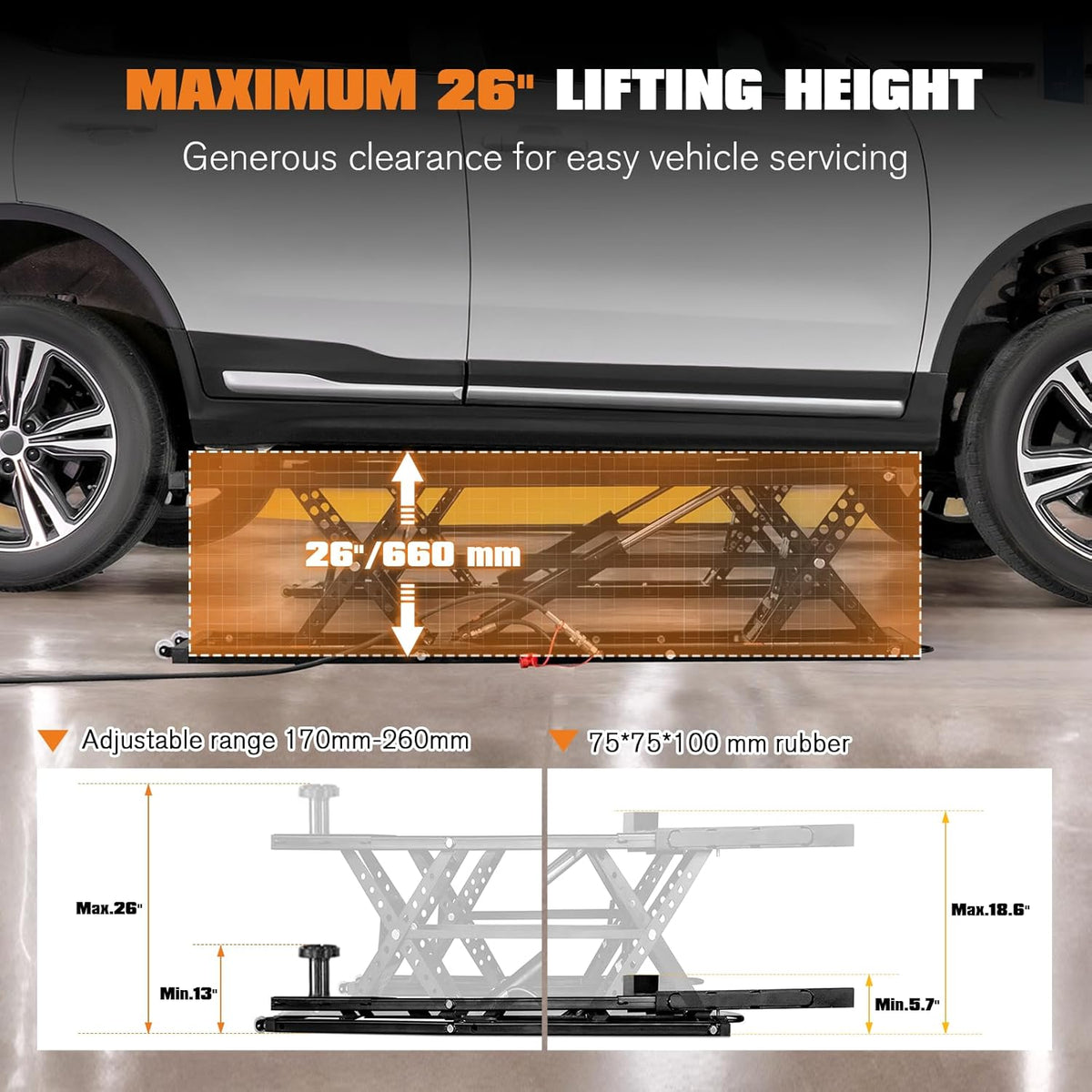 Albott 5000 LBS Portable Car Lift, Adjustable Quick Jack with 26" Max Height, Locking Levers, Foldable Design & Wheels, Scissor Lift for Sedans in Garage or Shop, Black