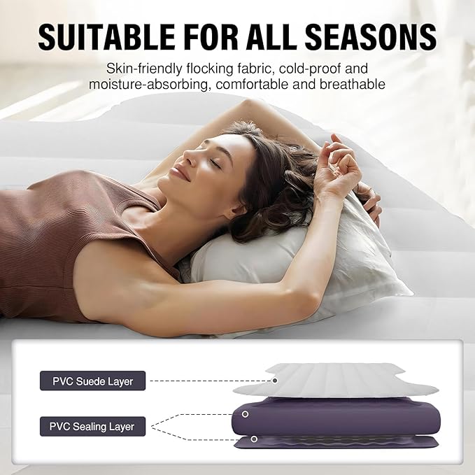 Self-Inflating Car Air Mattress for Tesla Model Y 2025 2024-2020/Model Y Juniper Outdoor Camping Air Bed with 2 Pillows Built-in Pump Air Couch Mat Flocking Air Cushion Model Y Accessories(Beige&Blue)