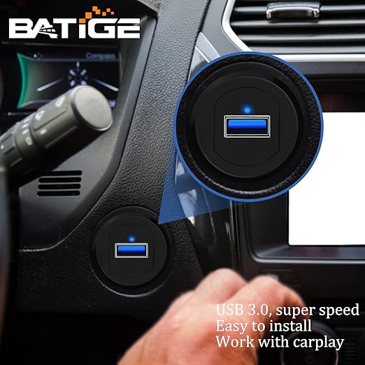 BATIGE Alloy Single Port USB 3.0 Dashboard Port Car Mount Flush Cable, Male to Female Waterproof Extension Cable for Car Truck Boat Motorcycle with LED Indicator - 3ft