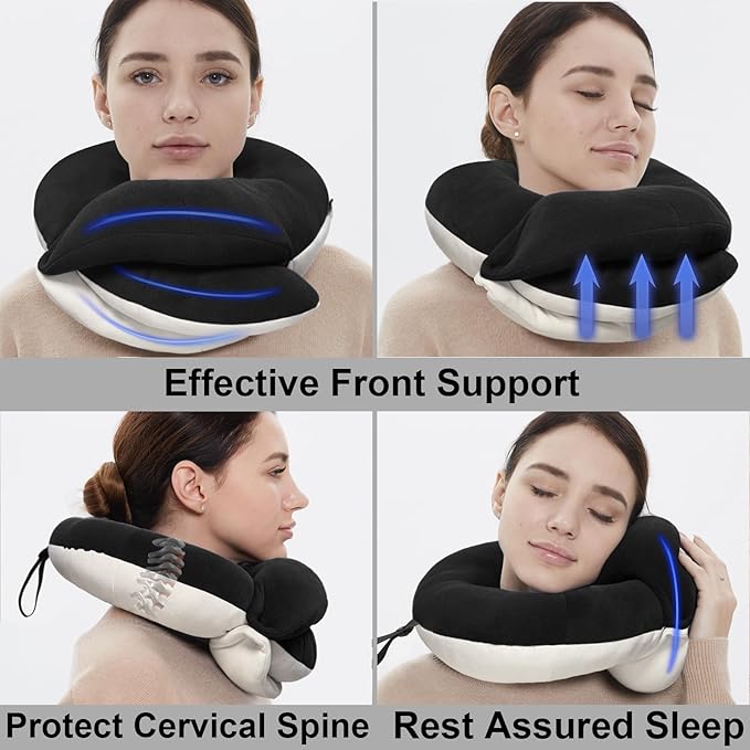 BUYUE Travel Neck Pillows for Airplanes, 360° Head Support Sleep for Long Flight, Skin-Friendly & Breathable, Kit with 3D Contoured Eye Mask, Earplugs and Storage Bag (Adult, Black, 90+ lbs)