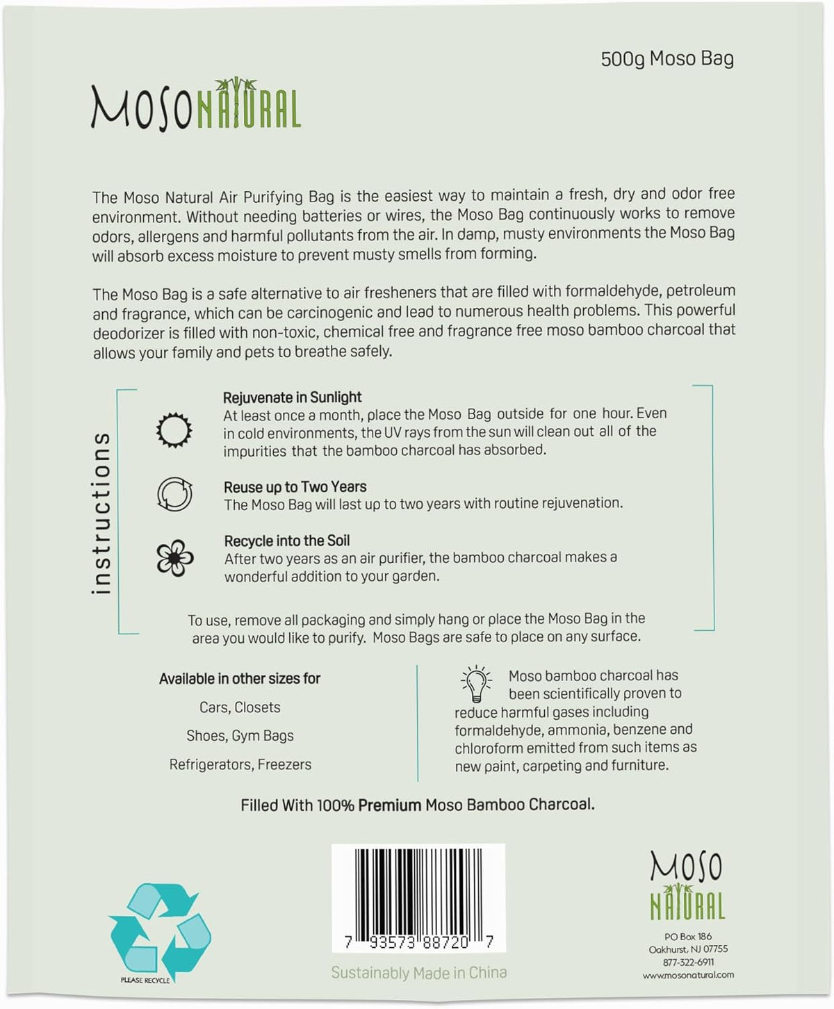 Moso Natural Air Purifying Bag 500g (3 Pack) Premium Bamboo Charcoal Odor Absorber for Home, Bedroom, Kitchen, Basement | Unscented Pet Odor Eliminator | Large Charcoal Deodorizer Bag Covers 250sqft