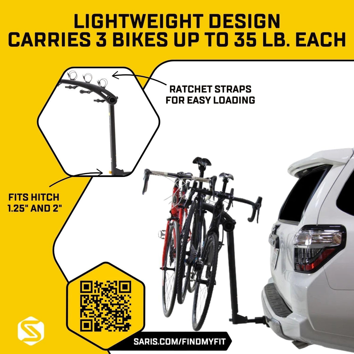 Saris Bones 3-Bike Hitch Rack Bicycle Carrier, with Easy Fold Design and Tilting Base