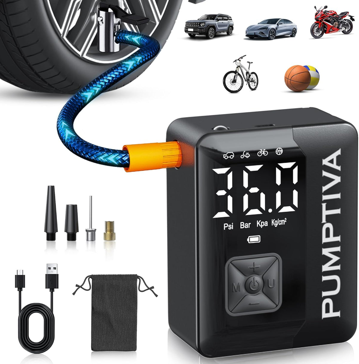 Tire Inflator Portable Air Compressor, 150 PSI Portable Electric Bike Pump Auto Shut-Off Cordless Car Tire Air Pump with Accurate LCD Display LED Light for Car, Motorcycle, Bicycle, Bike, Ball