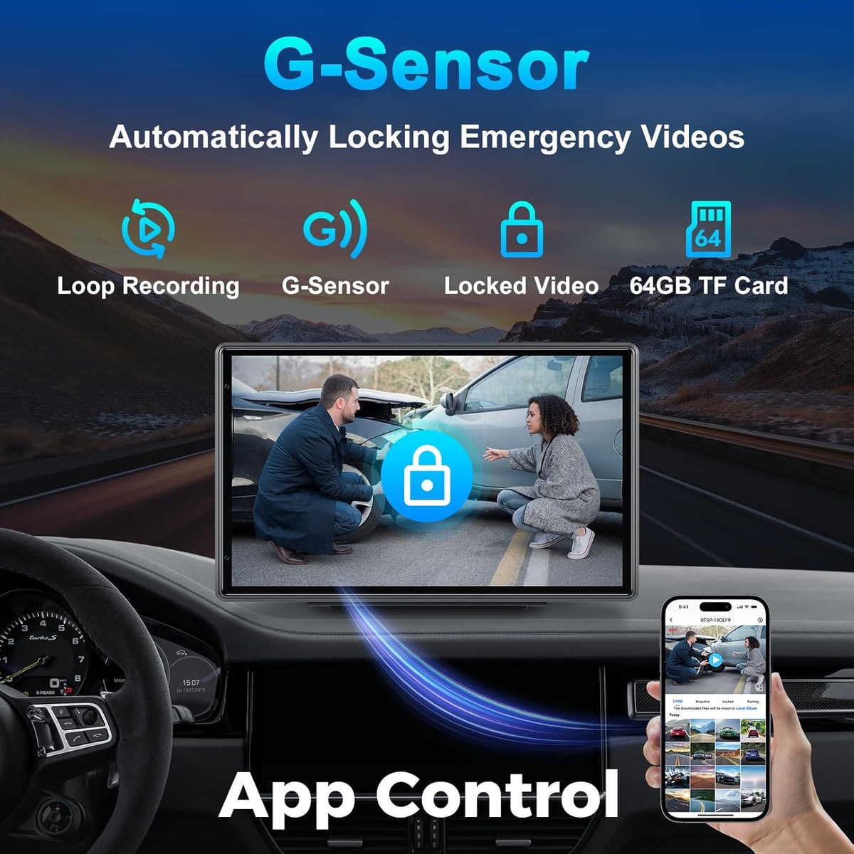 Wireless Portable Carplay Screen with 4K Dash Cam, Android Auto, 9'' Auto-Dimming Screen with Strongest Suction Mount, GPS Navigation for Car, 1080P Backup Camera, Loop Recording