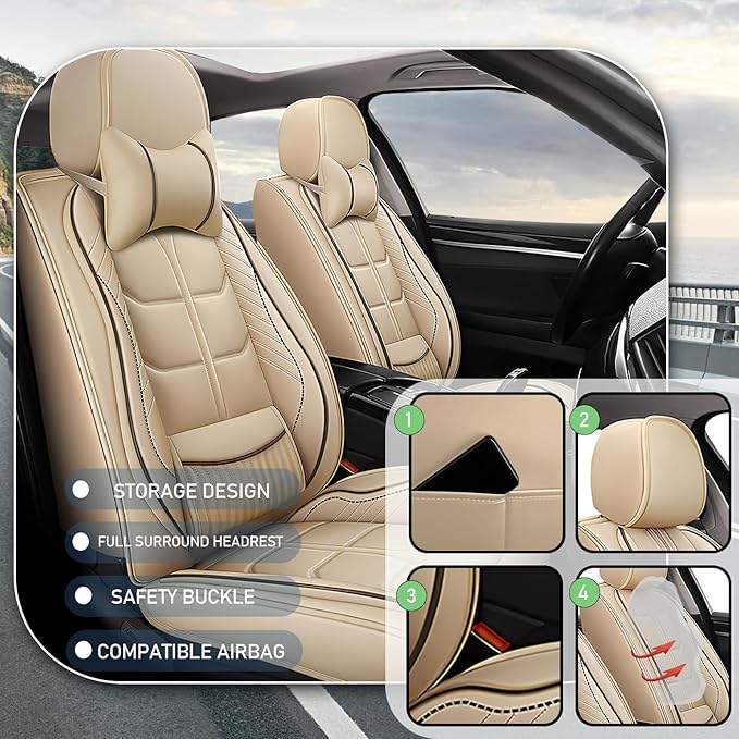 Leather Car Seat Covers Fit for Toyota Yaris iA 2017-2018, 5 Seater Car Seat Cover, Premium Waterproof, Scratch Resistant Car Interior Accessories (Full Set with Pillow Beige)