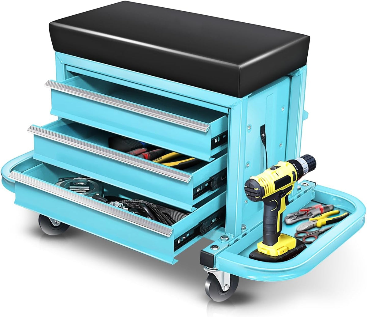 Auto Dynasty 3-Drawer Mechanic Rolling Seat, 350 LBS Capacity Roller Garage Shop Seat with Storage Tool Tray for Workshop, Repair Shop, Warehouse, Sky Blue