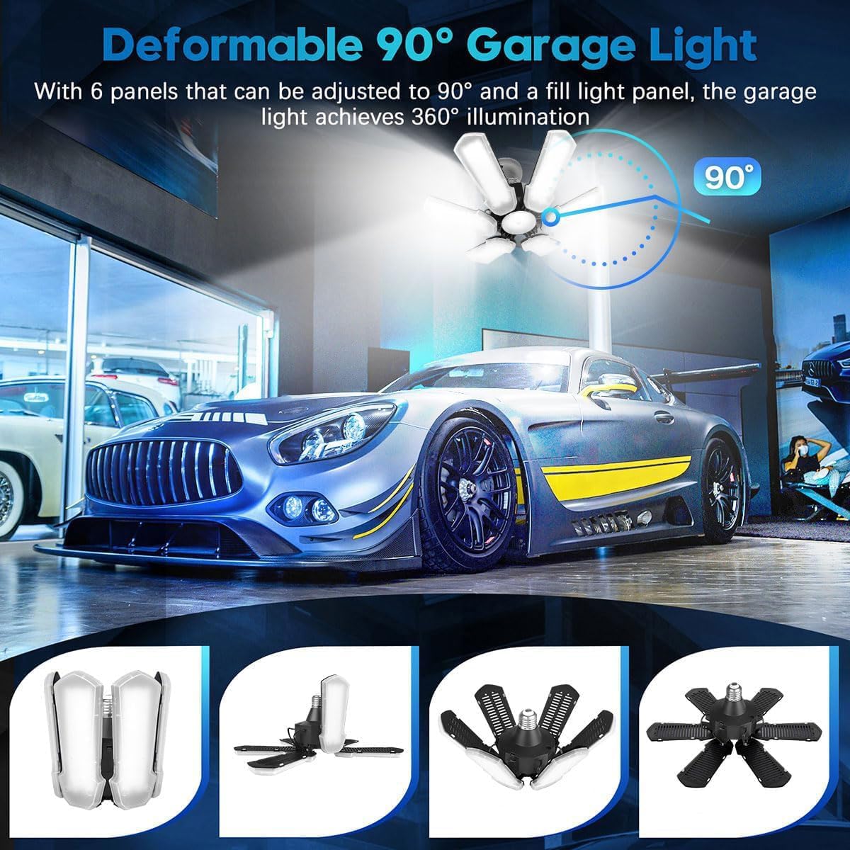 TANBABY Upgrade LED Garage Lights 4 Pack, Total 60000LM Deformable Garage Light Ceiling Shop Light,150W E26/E27 LED Light Garage Lighting with 6+1 Adjustable Panels Garage Bulb for Attic,Basement