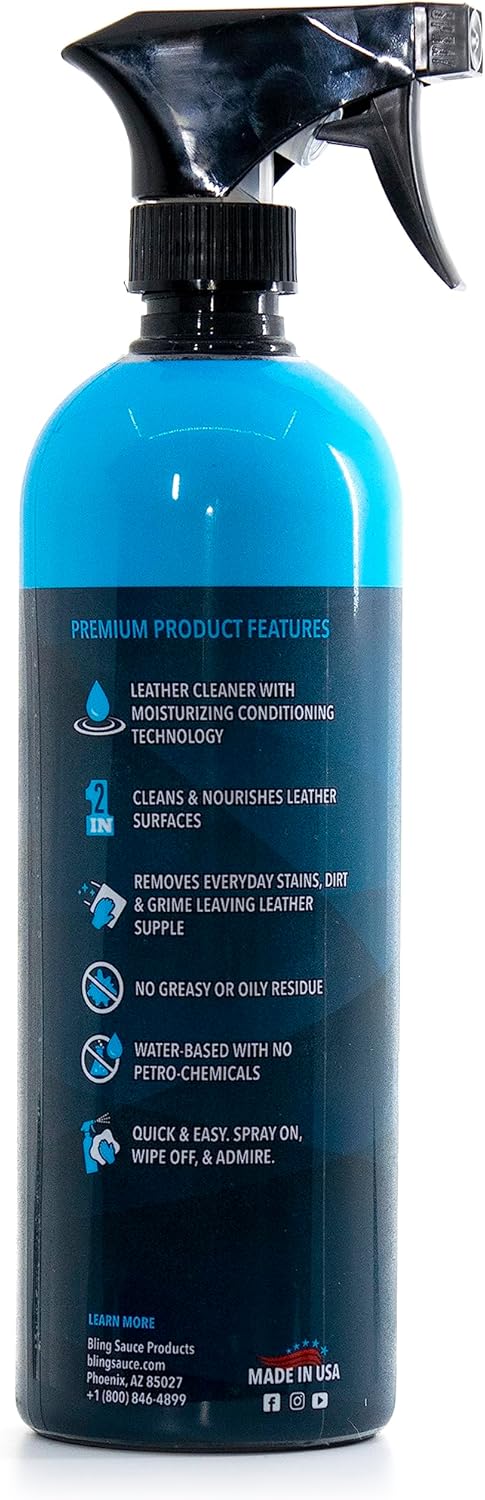 Bling Sauce Platinum: Leather Sauce, 2 in 1 Cleaner and Conditioner for Interior Leather Surfaces, Cars, Trucks, Motorcycles. Nourish Your Leather without the Greasy Look/Feel, Spray On-Wipe Off. 24oz