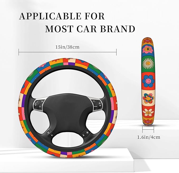 Abstract Groovy Flowers Steering Wheel Covers Universal 15 Inch Car Wheel Cover,Anti-Slip Breathable Car Accessories Protector Fit for Trucks,Sedans,SUVs,Vans