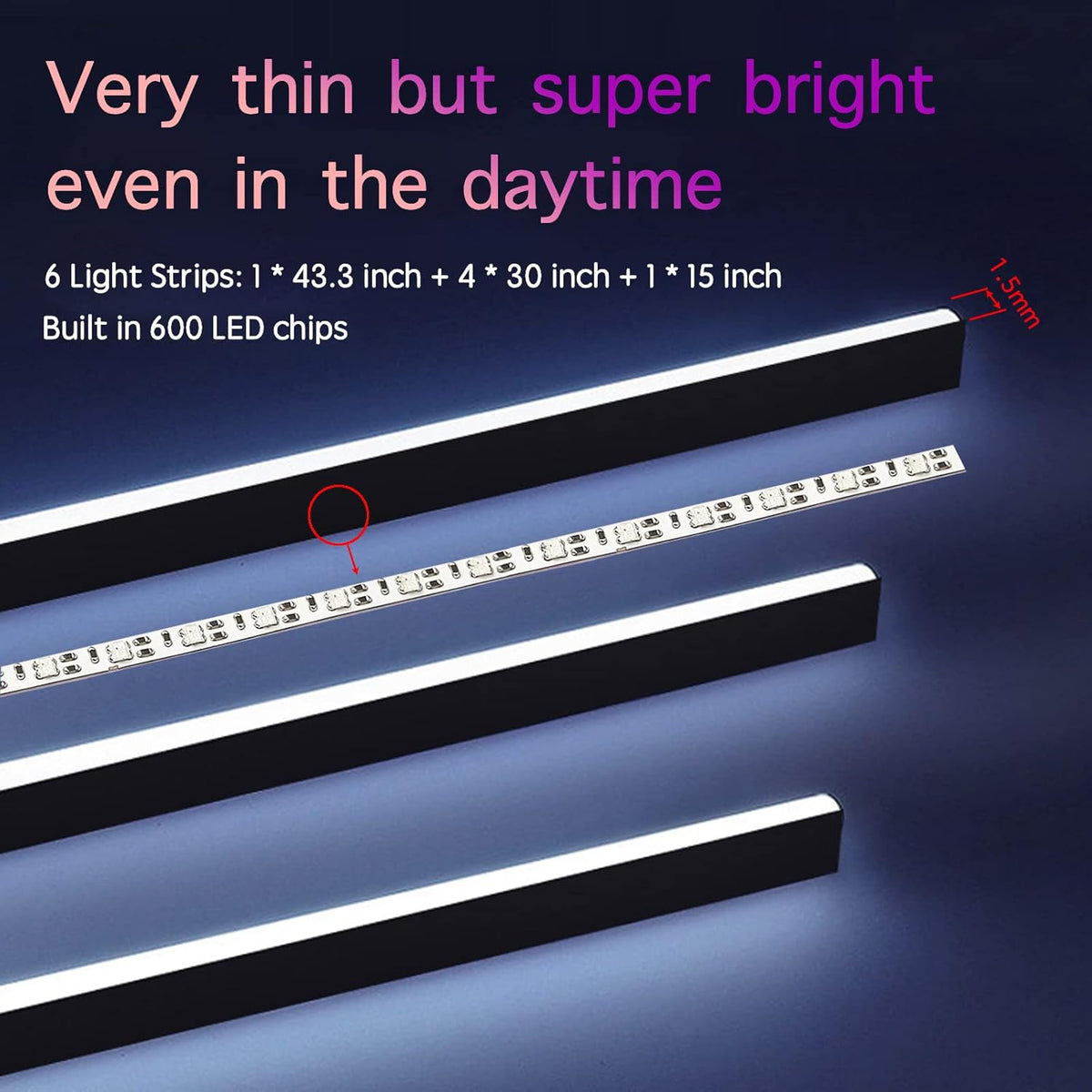 Interior Car LED Lights, RGB Dream Color Acrylic LED Lights for Car, Ambient Lighting Kits with Wireless APP and RF Remote Control, Music Sync Dynamic Chasing (6 in 1)