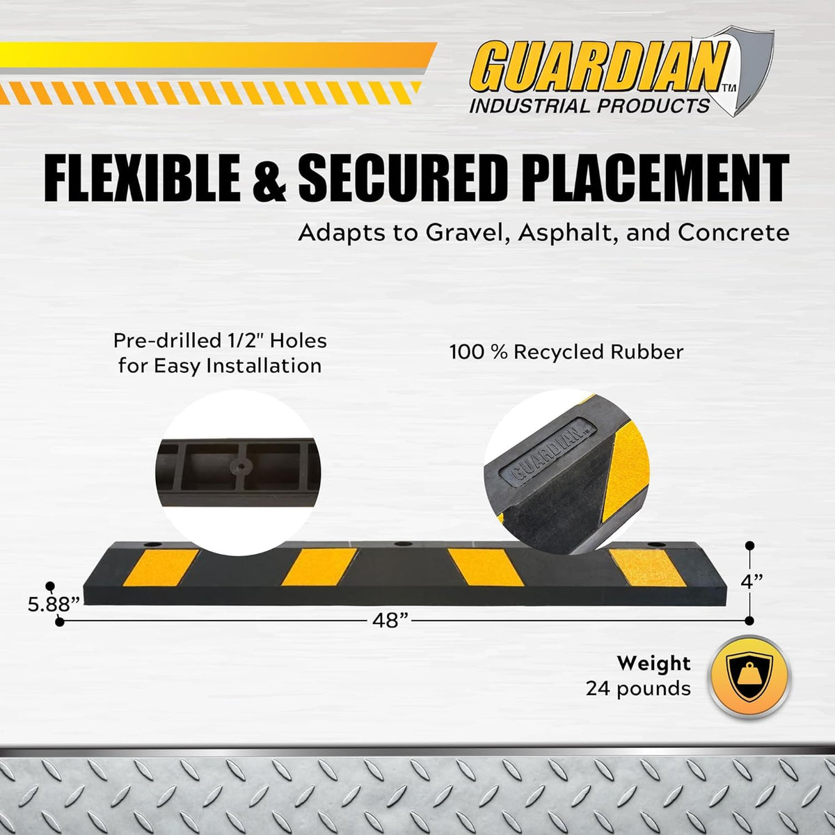 Guardian 4' Rubber Parking Curb with Mounting Holes Hi-Vis Yellow UV-Resistant for Paved, Gravel Parking Lot 4" H