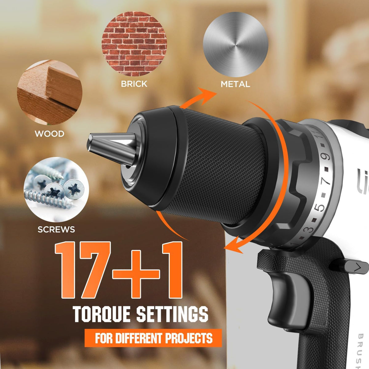 Litheli Cordless Drill Driver, Brushless Electric Power Drill with 2 Variable Speed, 1/2 Inch Keyless Chuck, 17+1 Clutch Settings with Maximum Torque of 530 In-lbs (Battery and Charger not Included)