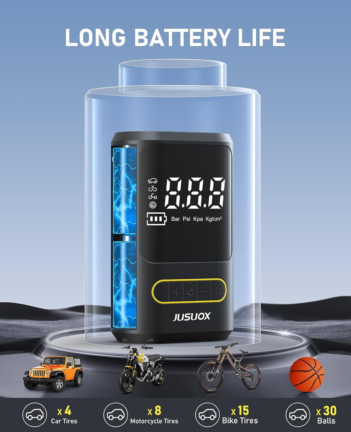 Tire Inflator Portable Air Compressor, Electric Bike Pump with Digital Pressure Gauge, 150 PSI Cordless Air Pump for Car Tires, Motorcycle, Bicycle, Ball with Auto Shutoff, LED Light